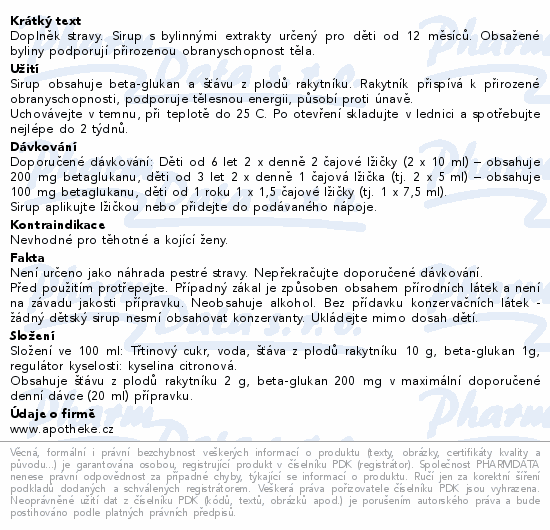 Pohádkový sirup Rakytníkový s BETAglukanem 250g