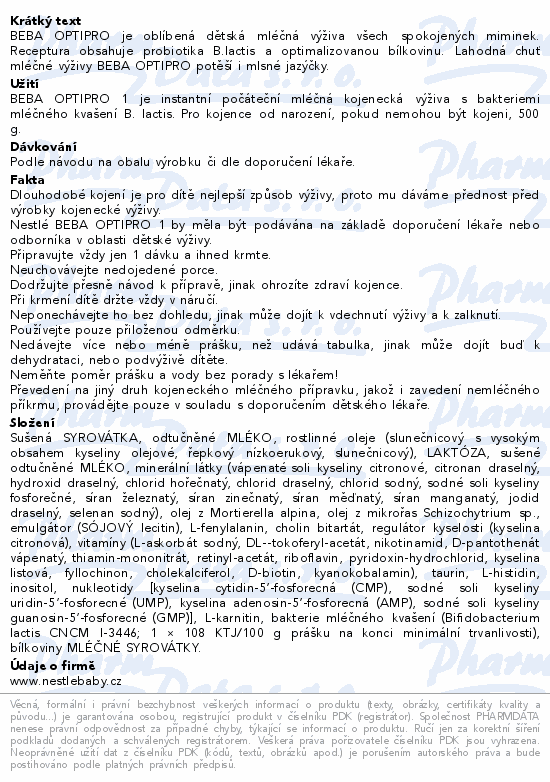 BEBA OPTIPRO 1 počáteční kojenecké mléko 500g