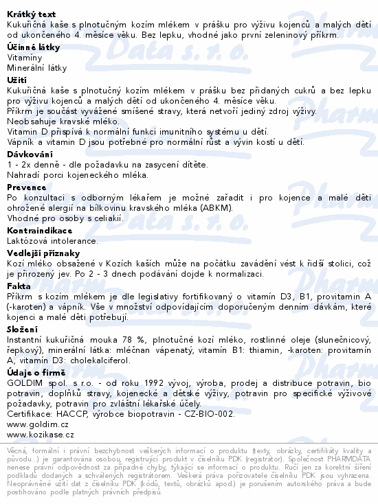 Kozí kaše kukuřičná bez ochucení 200g 4m+