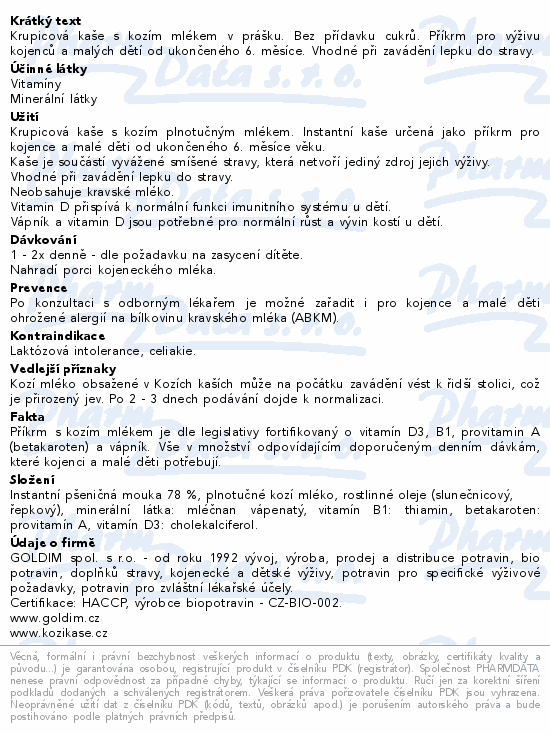 Kozí kaše krupicová sytící bez ochucení 200g 6m+