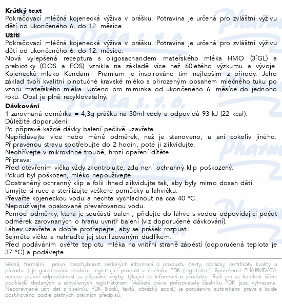 Kendamil Premium 2 pokrač.kojen.mléko HMO+ 600g