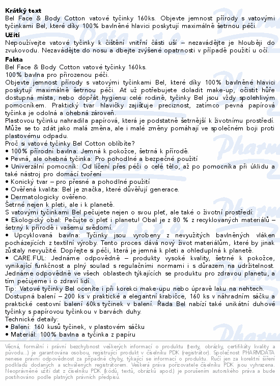 Bel Face&Body Cotton vatové tyčinky sáček 160ks
