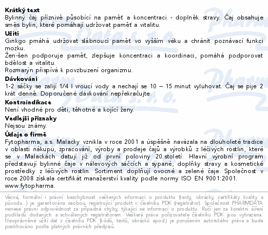 Bylinný čaj na dobrou paměť 20x1.25g Fytopharma